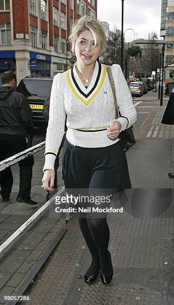 Holly Willoughby is sighted leaving BBC Radio One on March 26, 2010 in London, England.