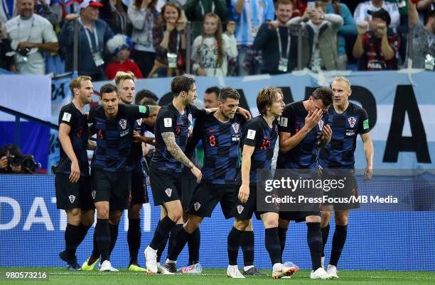 Ivan Rakitic of Croatia celebrates scoring the goal with team mates during the 2018 FIFA World Cup Russia group D match between Argentina and Croatia...