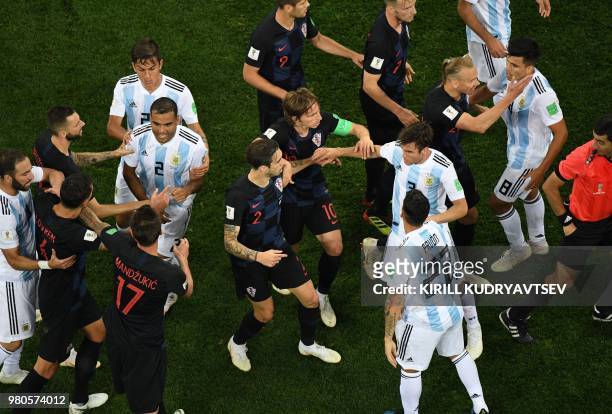 Croatia's players argue with Argentina's players after a fault on Croatia's midfielder Ivan Rakitic during the Russia 2018 World Cup Group D football...