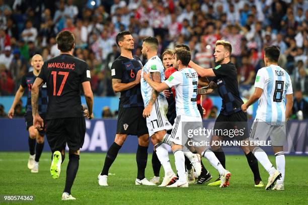Croatia's defender Dejan Lovren clashes with Argentina's defender Nicolas Otamendi during the Russia 2018 World Cup Group D football match between...