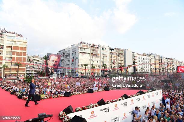 Republican Peoples Party's presidential candidate Muharrem Ince addresses the crowd during his party's rally at the Gundogdu Square in Izmir, Turkey...