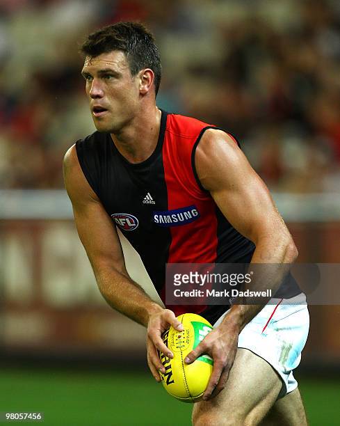 David Hille of the Bombers looks to pass the ball during the round one AFL match between the Geelong Cats and the Essendon Bombers at Melbourne...