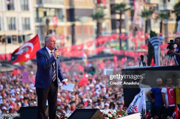 Republican Peoples Party's presidential candidate Muharrem Ince addresses the crowd during his party's rally at the Gundogdu Square in Izmir, Turkey...