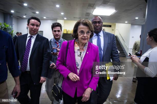 Senator Dianne Feinstein, a Democrat from California, speaks with members of the media near the Senate Subway following a vote on appropriations in...