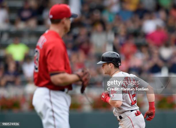 Matt Belisle of the Minnesota Twins looks on as Andrew Benintendi of the Boston Red Sox rounds the bases after hitting a two-run home run during the...