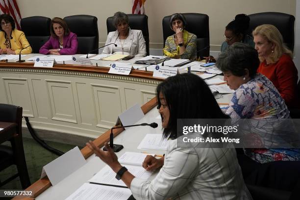 Clockwise from left, U.S. Rep. Lucille Roybal-Allard , House Minority Leader Rep. Nancy Pelosi , Rep. Brenda Lawrence , Rep. Rosa DeLauro , Rep. Gwen...