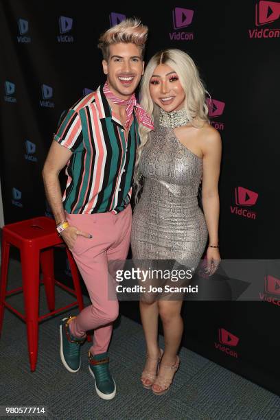 Joey Graceffa and Nikita Dragun attend the 9th Annual VidCon at Anaheim Convention Center on June 20, 2018 in Anaheim, California.