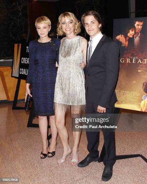 Actress Carey Mulligan, Writer / Director Shana Feste and Actor Johnny Simmons arrives at the Los Angeles premiere of "The Greatest" at Linwood Dunn...