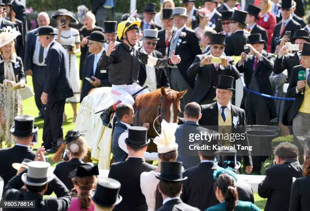 Frankie Dettori celebrates after he rode Stradivarius to win The Gold Cup on day 3 at Ascot Racecourse on June 21, 2018 in Ascot, United Kingdom.