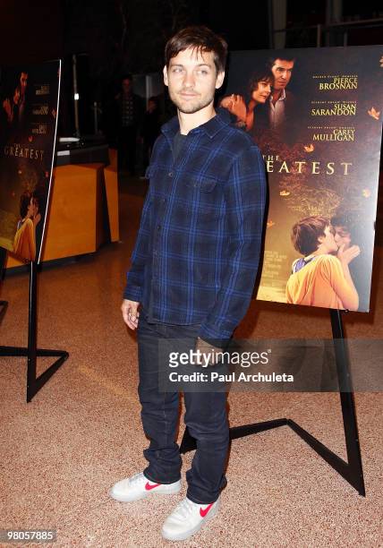 Actor Tobey Maguire arrives at the Los Angeles premiere of "The Greatest" at Linwood Dunn Theater at the Pickford Center for Motion Study on March...