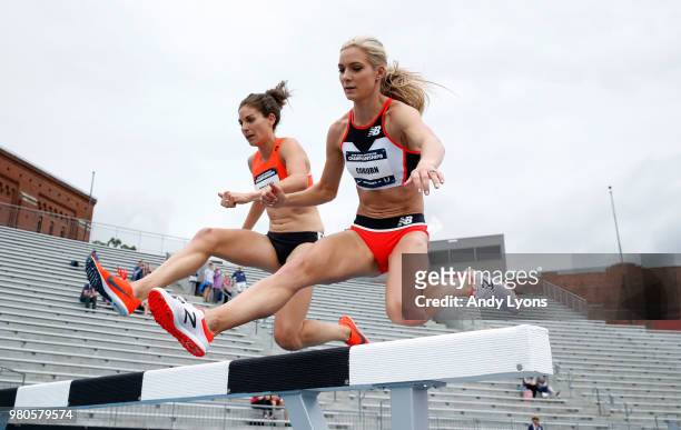 Emma Coburn clears a hurdle in the opening round of the Women 3,000 Meter Steeplechase at the 2018 USATF Outdoor Championships at Drake Stadium on...