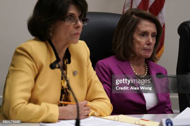 Rep. Lucille Roybal-Allard and House Minority Leader Rep. Nancy Pelosi listen during a "shadow hearing" before the Democratic Women's Working Group...