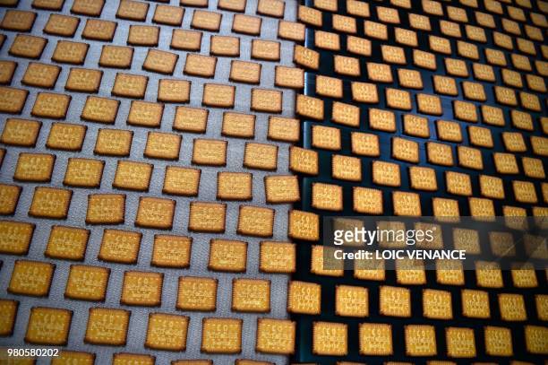 Picture shows the production line of the "Petit Beurre" biscuits at the French biscuit manufacturer LU in La Haye-Fouassiere, near Nantes, western...