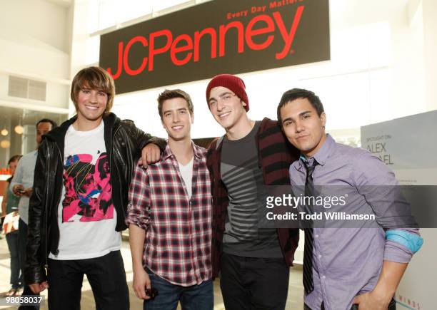 Big Time Rush members James Maslow, Logan Henderson, Kendall Schmidt and Carlos Pena pose at the launch of Prom Season 2010 at JCPenney on March 25,...