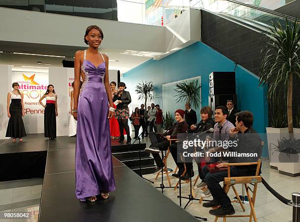 Big Time Rush members Kendall Schmidt, James Maslow, Carlos Pena and Logan Henderson judge dresses at the launch of Prom Season 2010 at JCPenney on...