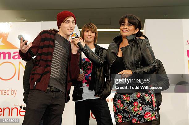 Big Time Rush members Kendall Schmidt and James Maslow with speak Karli Henriquez at the launch of Prom Season 2010 at JCPenney on March 25, 2010 in...