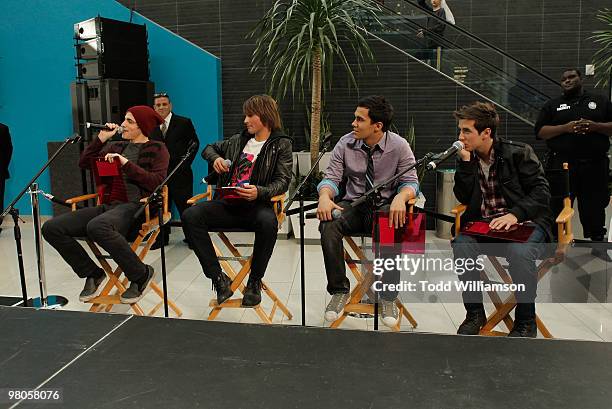 Big Time Rush members Kendall Schmidt, James Maslow, Carlos Pena and Logan Henderson judge dresses at the launch of Prom Season 2010 at JCPenney on...