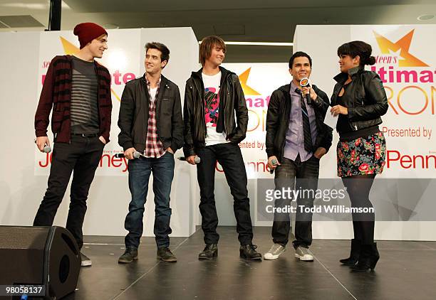 Big Time Rush members Kendall Schmidt, Logan Henderson, James Maslow and Carlos Pena speak with Karli Henriquez at the launch of Prom Season 2010 at...