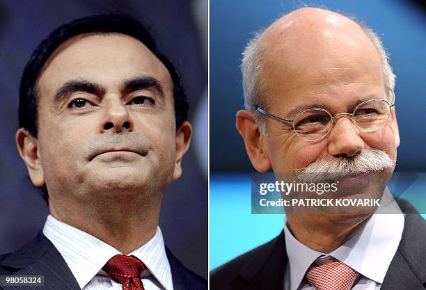 Combo of two file portraits of Renault chairman Carlos Ghosn, who is also Nissan's president taken on February 11, 2010 while presenting Renault's...