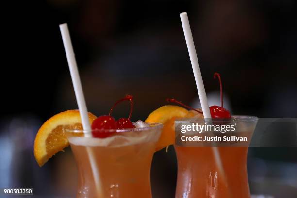 Paper straws sit in cocktails at Wipeout Bar & Grill on June 21, 2018 in San Francisco, California. San Francisco, Oakland and Berkeley are all...