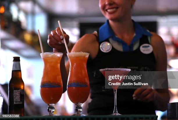 Bartender at Wipeout Bar & Grill makes cocktails that have paper straws on June 21, 2018 in San Francisco, California. San Francisco, Oakland and...