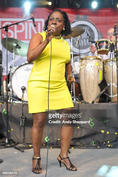 Sharon Jones of Sharon Jones & The Dap Kings performs at Stubb's Ampitheatre during day three of SXSW 2010 Music Festival on March 19, 2010 in...