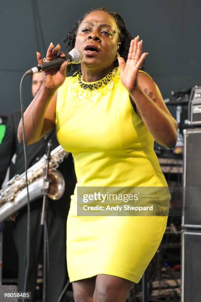 Sharon Jones of Sharon Jones & The Dap Kings performs at Stubb's Ampitheatre during day three of SXSW 2010 Music Festival on March 19, 2010 in...