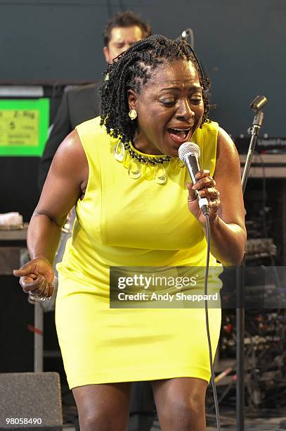 Sharon Jones of Sharon Jones & The Dap Kings performs at Stubb's Ampitheatre during day three of SXSW 2010 Music Festival on March 19, 2010 in...