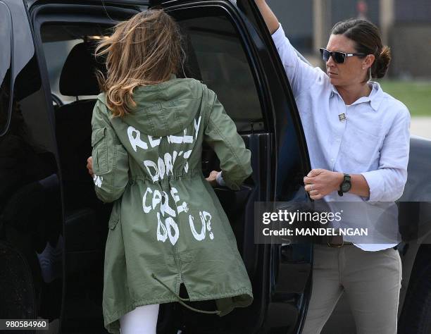 First Lady Melania Trump departs Andrews Air Rorce Base in Maryland June 21, 2018 wearing a jacket emblazoned with the words "I really don't care, do...