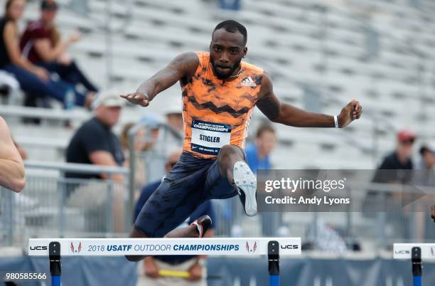 Michael Stigler clears a hurdle in the Men's 400 Meter Hurdles at the 2018 USATF Outdoor Championships at Drake Stadium on June 21, 2018 in Des...