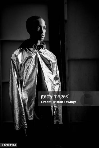 Model poses backstage prior the OAMC Menswear Spring Summer 2019 show as part of Paris Fashion Week on June 20, 2018 in Paris, France.