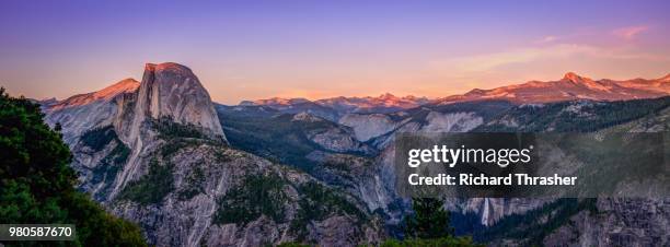 panorama of half dome and glacier point at sunset, yosemite national park, california, usa - glacier point stock-fotos und bilder