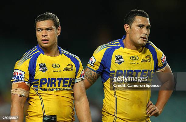 Timana Tahu and Feleti Mateo of the Eels look dejected during the round three NRL match between the West Tigers and the Parramatta Eels at Sydney...