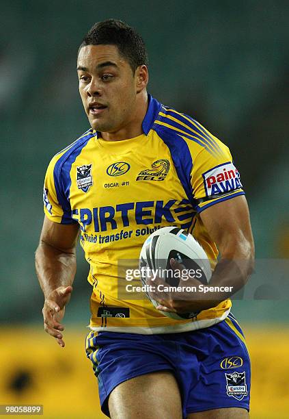 Jarryd Hayne of the Eels runs the ball during the round three NRL match between the West Tigers and the Parramatta Eels at Sydney Football Stadium on...