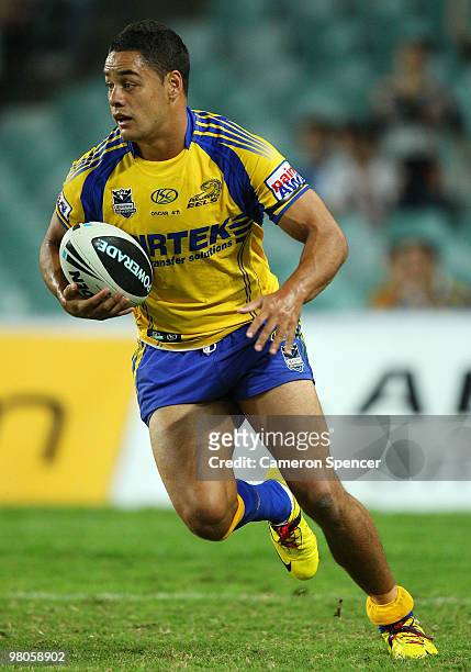 Jarryd Hayne of the Eels runs the ball during the round three NRL match between the West Tigers and the Parramatta Eels at Sydney Football Stadium on...