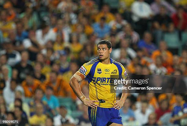 Timana Tahu of the Eels looks on during the round three NRL match between the West Tigers and the Parramatta Eels at Sydney Football Stadium on March...