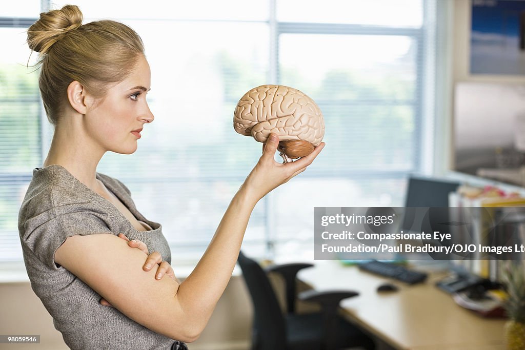 Woman holding and looking at a plastic brain