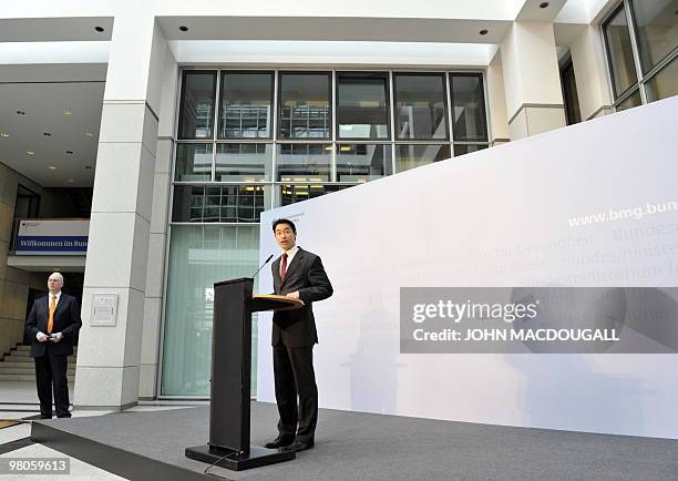 German Health Minister Philipp Roesler addresses a press conference at the health ministry in Berlin March 26, 2010. Roesler and members of the...