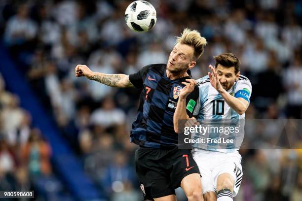 Lionel Messi of Argentina competes with Ivan Rakitic of Croatia during the 2018 FIFA World Cup Russia group D match between Argentina and Croatia at...