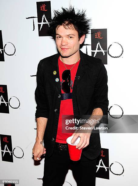 Musician/singer Deryck Whibley arrives to celebrate his birthday at Tao Nightclub at the Venetian on March 25, 2010 in Las Vegas, Nevada.