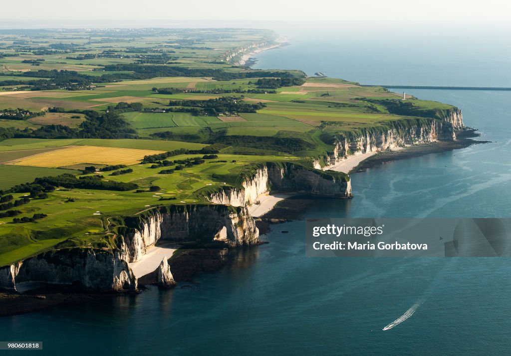 Aerial view of Etretat cliffs, Etretat, Normandy, France