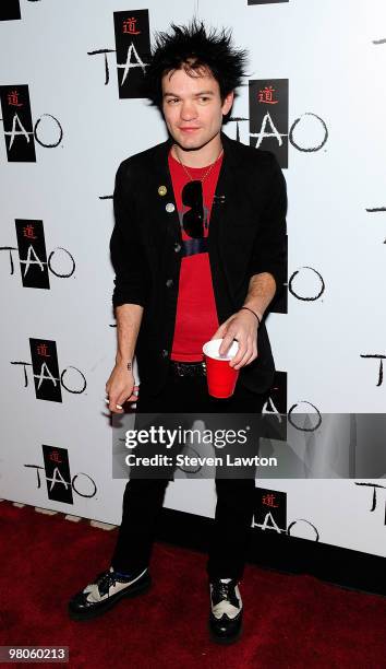 Musician/singer Deryck Whibley arrives to celebrate his birthday at Tao Nightclub at the Venetian on March 25, 2010 in Las Vegas, Nevada.