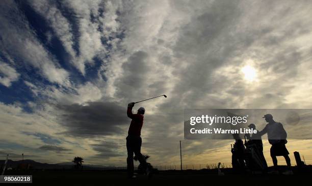 Paul McGinley of Ireland tees off into the morning sky during the second round of the Open de Andalucia 2010 at Parador de Malaga Golf on March 26,...