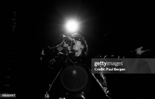 Bono of U2 performs on stage on the Zooropa Tour at Kuip on May 10th 1993 in Rotterdam, Netherlands.