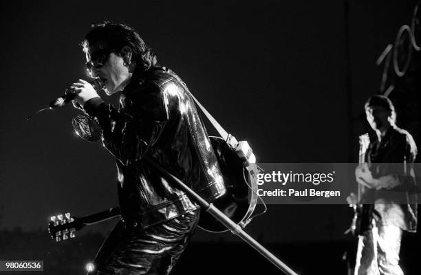 Bono of U2 performs on stage on the Zooropa Tour at Kuip on May 10th 1993 in Rotterdam, Netherlands.