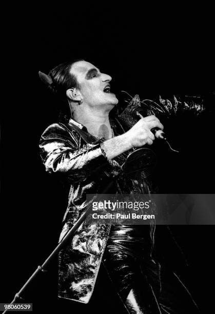 Bono of U2 performs on stage on the Zooropa Tour at Kuip on May 10th 1993 in Rotterdam, Netherlands. He is dressed as MacPhisto character.