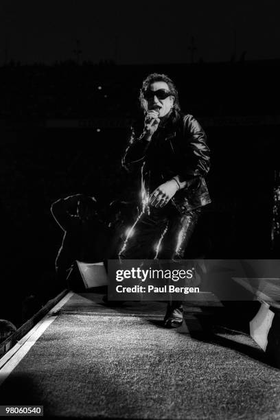 Bono of U2 performs on stage on the Zooropa Tour at Kuip on May 10th 1993 in Rotterdam, Netherlands.