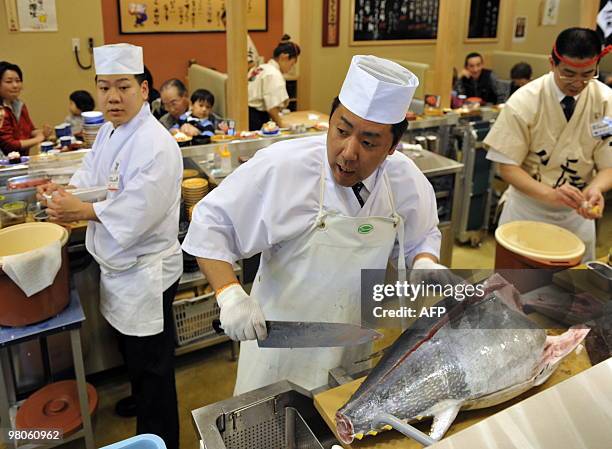 To go with story Species-CITES-UN-Japan-tuna-farm In a picture taken on March 12, 2010 a sushi chef cuts up bluefin tuna at a sushi restaurant in...