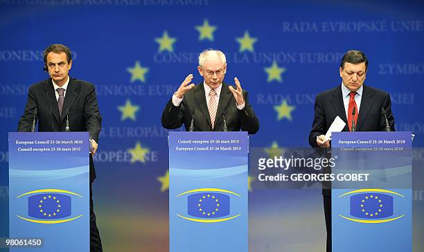 Spanish Prime Minister Jose Luis Zapatero, European Council President Herman Van Rompuy and European Commission President Jose Manuel Barroso attend...
