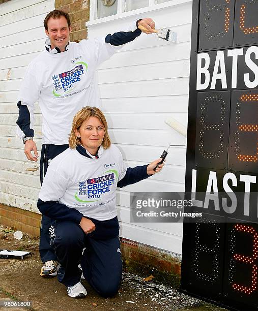 Andrew Strauss and Charlotte Edwards pose for photographs during the NatWest CricketForce at Harrow Saint Mary's Cricket Club on March 26, 2010 in...
